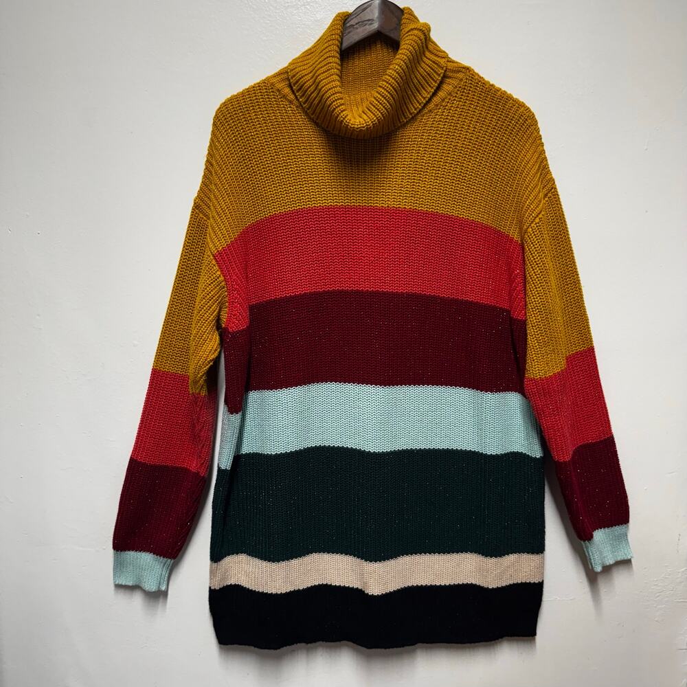 FARM Rio Striped Sweater Dress Chunky Ribbed Turtleneck L Cozy Fall Eclectic